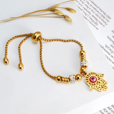 Bracciale Mano Di Fatima Occhio Del Male Acciaio Inossidabile Placcato Oro 18K Catena Regolabile Gioielli Zircone Donna