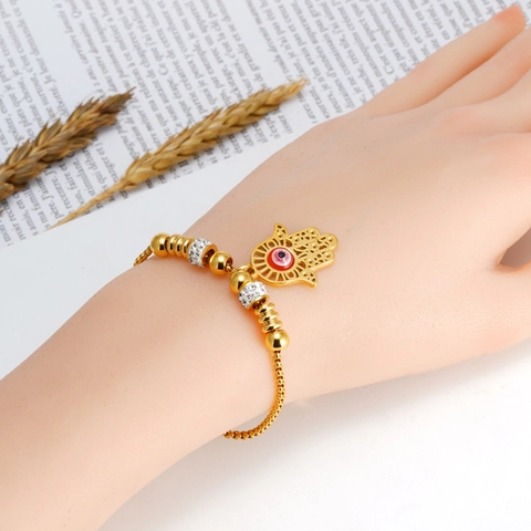 Hamsa Hand Evil Eye Bracelet 18K Gold Plated 304 Stainless Steel Adjustable Slider Box Chain Zircon Jewelry For Women
