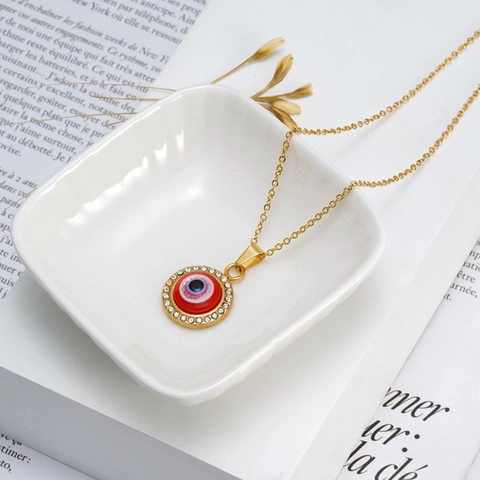 Evil Eye Round Pendant Necklace 18K Gold Plated Stainless Steel With Rhinestones Resin Turkish Style Jewelry For Women