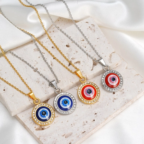 Evil Eye Round Pendant Necklace 18K Gold Plated Stainless Steel With Rhinestones Resin Turkish Style Jewelry For Women
