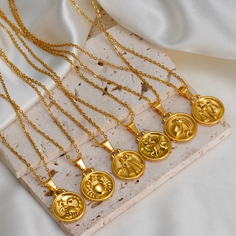 Collier Pendentif Signes du Zodiaque en Acier Inoxydable Élégant Plaqué Or 18K Collier Disque Rond pour Femme Bijoux