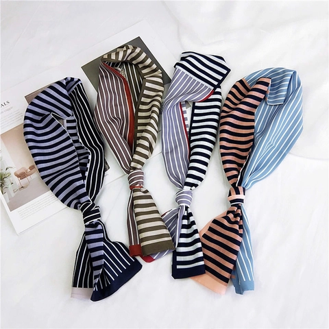 Écharpe Twilly Rayée en Satin à la Mode pour Femmes Vintage Color Block Foulard Ruban Poignée Sac Bandeau Cheveux Accessoire