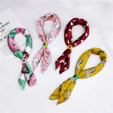 Printed Satin Square Scarf With Leather Buckle For Kids Women Cartoon Animal Geometric Pattern Small Neck Scarf Fashion Accessories
