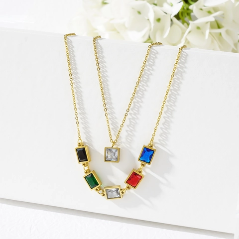 Double Layer Stainless Steel Necklace And Stud Earrings 18K Gold Plated Colorful Square Zircon Geometric Pendant Jewelry For Women