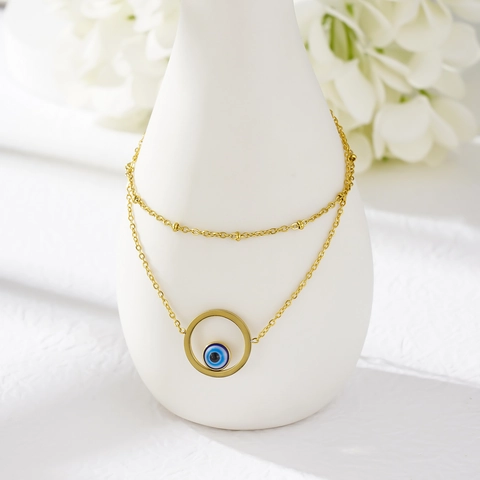 Evil Eye Dubbele Laag Enkelbandje Verguld Roestvrij Staal Rond Blauwe Charm Boheems Sieraden Vrouwen