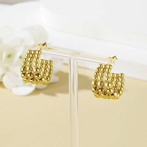 Multi Row Beaded C Shape Earrings 18K Gold Plated Stainless Steel Retro Geometric Studs For Women Waterproof Anti Tarnish