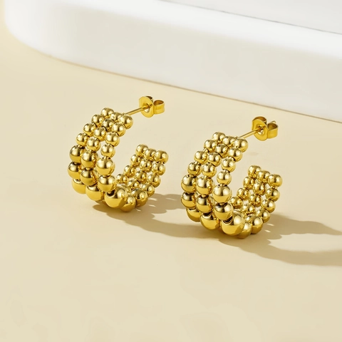 Multi Row Beaded C Shape Earrings 18K Gold Plated Stainless Steel Retro Geometric Studs For Women Waterproof Anti Tarnish