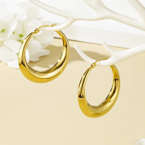 Chunky Hoop Earrings 18K Gold Plated Stainless Steel Hollow Oval Mirror Polished Minimalist French Style For Women
