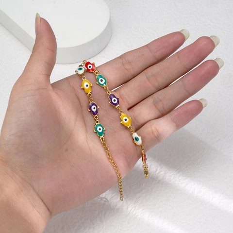 Hamsa Hand Evil Eye Armband 18K Vergoldet Edelstahl Bunte Emaille Glücksbringer Schmuck Für Damen