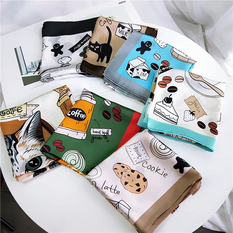 Quadratischer Schal Satinnähnlich Satin Cartoon Tierdruck Hals Stirnband Mode Taschenzubehör Damen