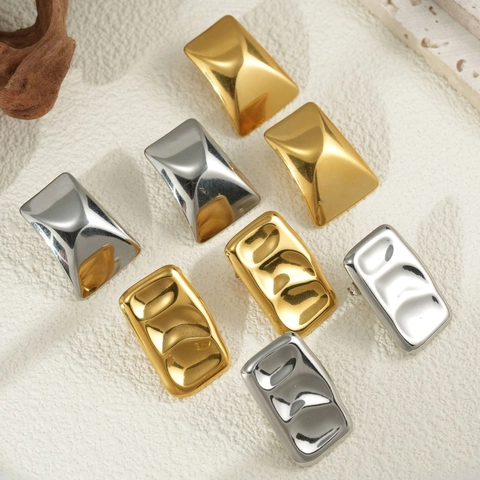 Boucles D'oreilles Géométriques Rectangulaires Acier Inoxydable Plaqué Or 18K Surface Concave Texturée Style Haut De Gamme