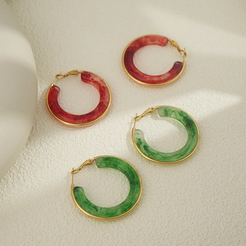 Overdreven Hoop Oorbellen 18K Verguld Roestvrij Staal Hars Marmeren Textuur Retro Geometrische Stijl Voor Vrouwen