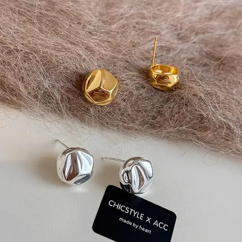 Irregular Crumpled Ball Stud Earrings Geometric Textured Copper Jewelry For Women With 925 Sterling Silver Earring Post
