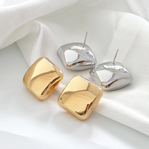 Geometric Square Stud Earrings Glossy Copper Mirror Finish Minimalist Hollow Trendy Fashion Jewelry For Women