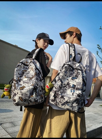 Manga Comic Print Rucksack Große Kapazität Leinwand Streetwear Reise Schultasche Mit Dinosaurier Plüsch Anhänger