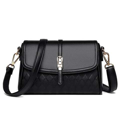 Women Shoulder Crossbody Bag PU Leather Lychee Texture Quilted Diamond Flap Golden Lock Elegant Handbag