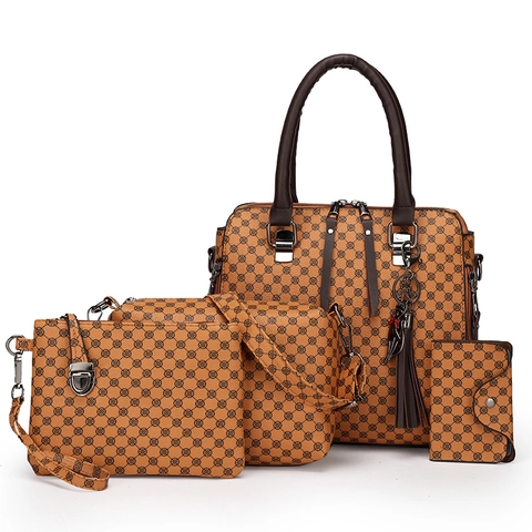 Women Handbag Set PU Leather Geometric Printed Tote Shoulder Bag And Pouch Card Holder With Cat Tassel Charm
