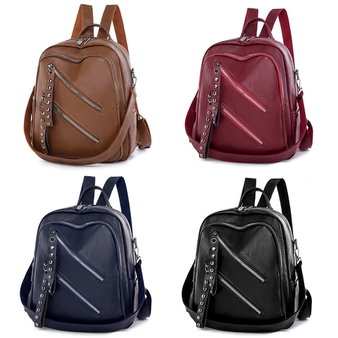 Sac À Dos Femme En Cuir PU Grande Capacité Multi Fermeture Éclair Décor De Rivets Décontracté Voyage Anti Vol