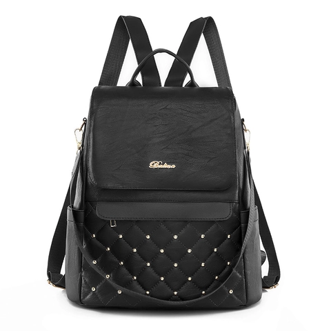 Mochila De Mujer De Cuero PU Acolchada Rejilla Diamante Remaches Dorados Retro Street Fashion Gran Capacidad Bolso Viaje