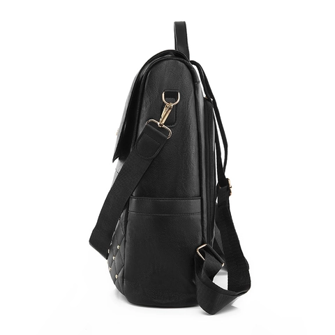 Mochila De Mujer De Cuero PU Acolchada Rejilla Diamante Remaches Dorados Retro Street Fashion Gran Capacidad Bolso Viaje