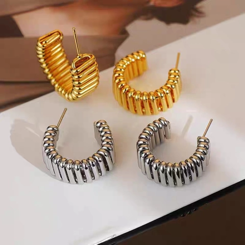 Pendientes De Botón En Forma De C Texturizados Acanalados Con Poste De Cobre Geométricos Gruesos Joyería