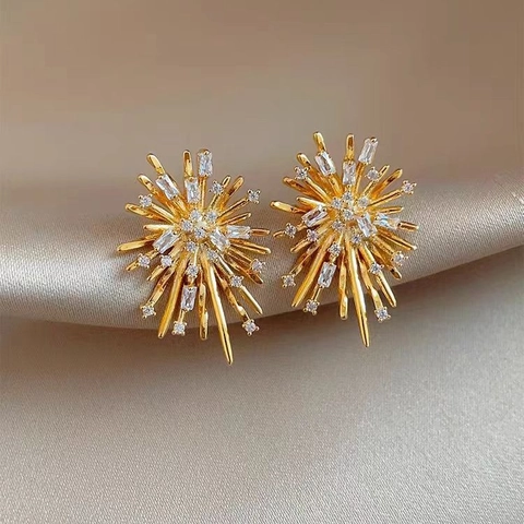 Firework Starburst Stud Earrings Copper Cubic Zirconia With Silver Earring Post Elegant Luxury Jewelry For Women
