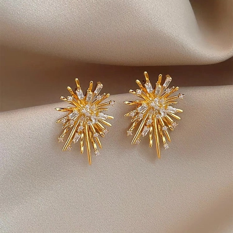 Firework Starburst Stud Earrings Copper Cubic Zirconia With Silver Earring Post Elegant Luxury Jewelry For Women