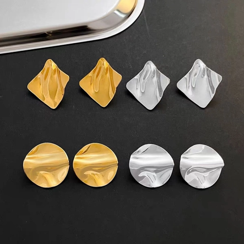 Irregular Geometric Stud Earrings Brass Gold Plated Wrinkled Texture Retro Liquid Metal Style Jewelry For Women