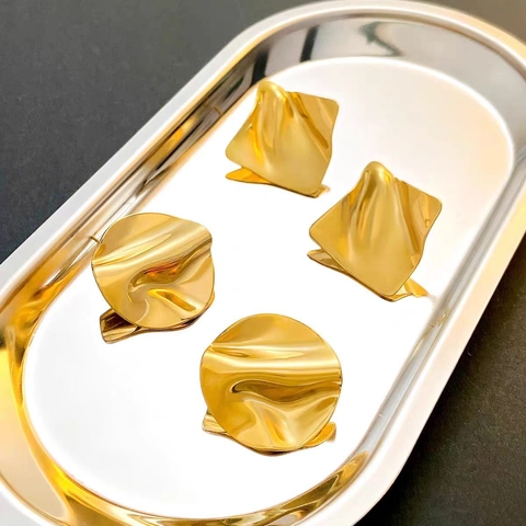 Irregular Geometric Stud Earrings Brass Gold Plated Wrinkled Texture Retro Liquid Metal Style Jewelry For Women