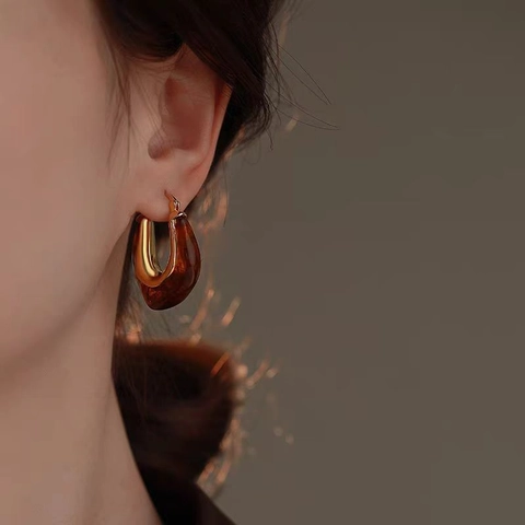 Pendientes De Aro De Cobre Chapados En Oro Con Resina Ámbar Tortuga Vintage Joyería Geométrica Y Poste De Cobre