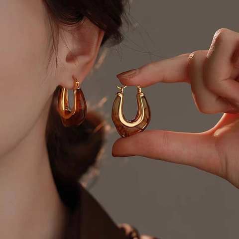 Pendientes De Aro De Cobre Chapados En Oro Con Resina Ámbar Tortuga Vintage Joyería Geométrica Y Poste De Cobre