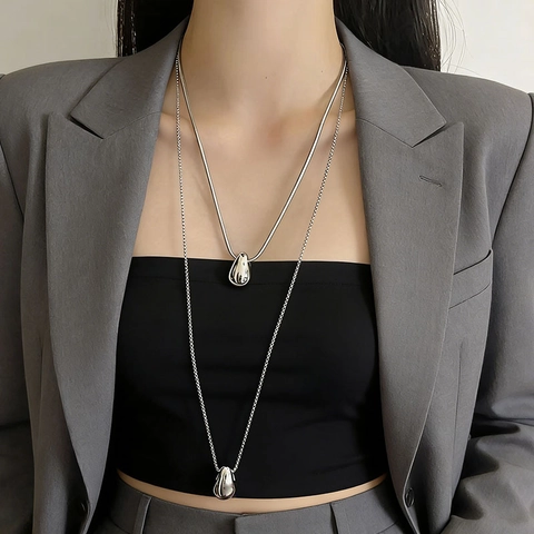 Collier Pendentif Goutte D'eau Acier Titane Poli Minimaliste Longue Chaîne De Pull Bijoux Pour Femmes