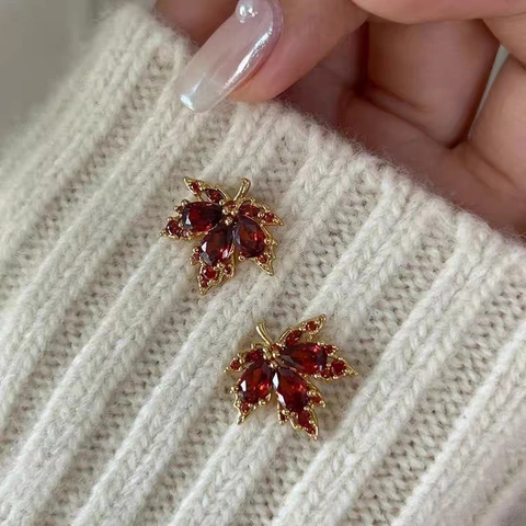Maple Leaf Tassel Earrings With Red Zircon Gold Plated Copper 925 Sterling Silver Earring Post For Women Elegant Jewelry