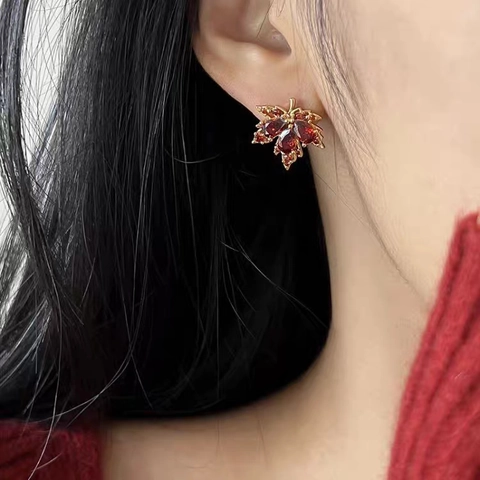 Maple Leaf Tassel Earrings With Red Zircon Gold Plated Copper 925 Sterling Silver Earring Post For Women Elegant Jewelry