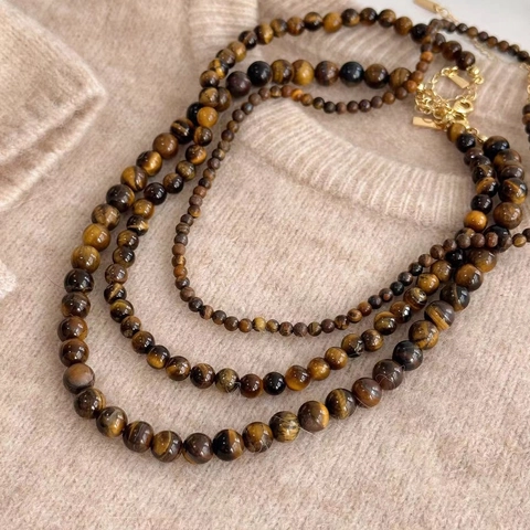 Natuurlijke Tijgeroog Steen Kralenketting Met Titanium Stalen Sluiting Vintage Ronde Kraal Choker Voor Dames