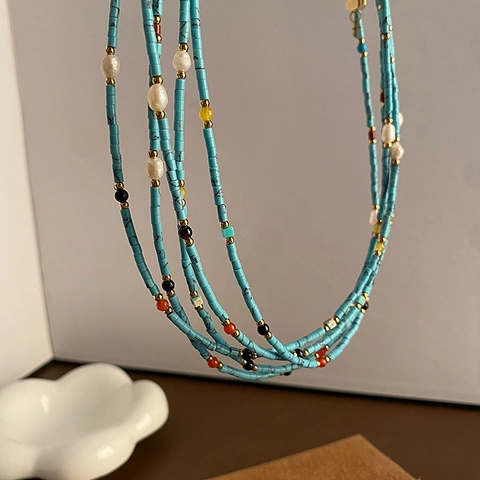 Vintage Bohemian Beaded Necklace Natural Stone Red Agate Freshwater Pearl Stainless Steel Gold Plated Choker Jewelry