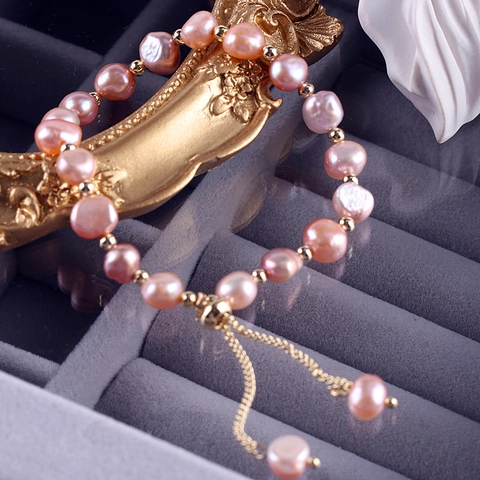Pulsera de Perlas de Agua Dulce Naturales Barrocas Irregulares para Mujer Cadena Ajustable de Acero de Titanio Cobre