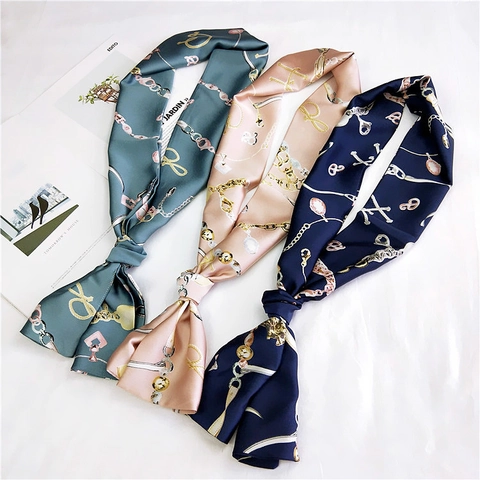 Sciarpa Lunga Sottile Raso Raso Come Nastro Collo Retro Catena Morso Cavallo Stampa Manico Borsa Avvolgere Cravatta Capelli Donne