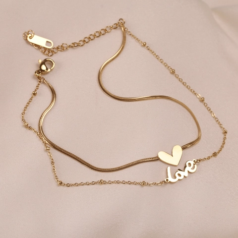 Layered Heart Anklet Women Stainless Steel Love Letter Snake Bone Chain Elegant Jewelry Adjustable Non Fading