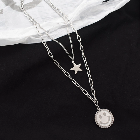Layered Necklace Stainless Steel Star And Smiley Face Pendant Hip Hop Streetwear Punk Style Jewelry For Men Women