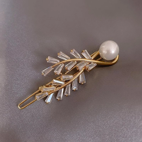 Fermaglio Per Capelli A Foglia Di Zircone Elegante Con Perla Artificial Sintetica In Rame Per Donna Accessorio Dolce