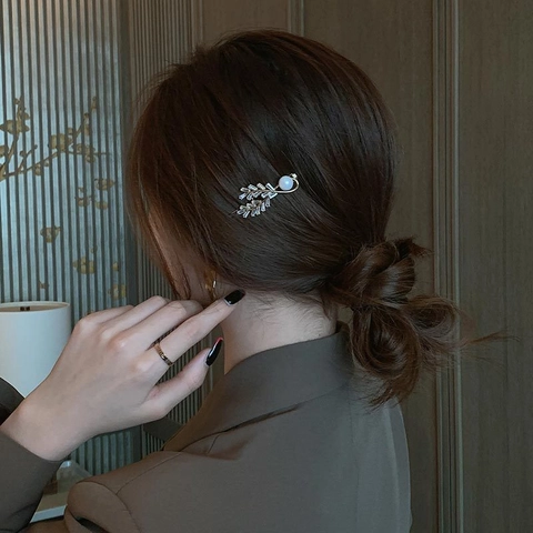 Fermaglio Per Capelli A Foglia Di Zircone Elegante Con Perla Artificial Sintetica In Rame Per Donna Accessorio Dolce