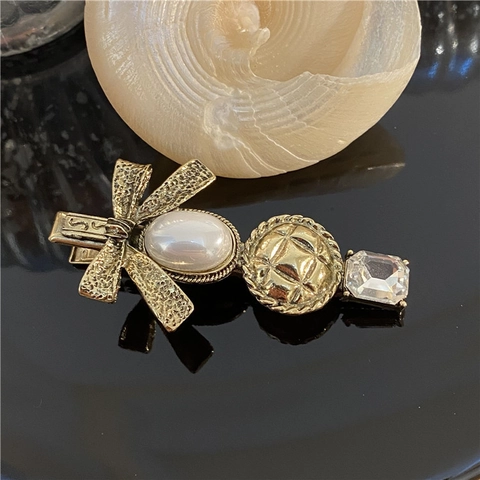 French Vintage Bow Hair Clip Gold Alloy With Faux Artificial Pearl And Rhinestone Elegant Side Bangs Barrette For Women