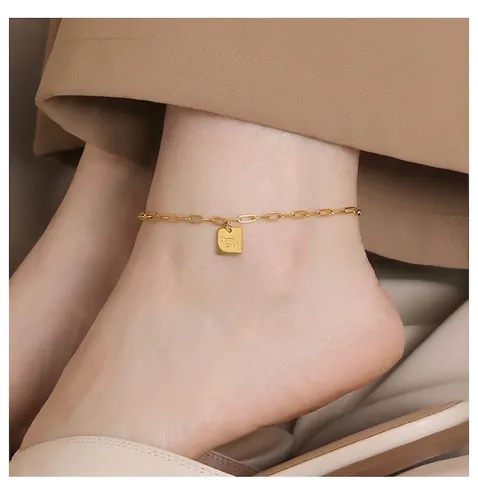 Vintage Titanstahl Fußkettchen Für Damen Minimalistischer Quadratischer Anhänger Good Luck Briefing Fußschmuck