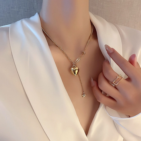 Goldene Legierung Herz Anhänger Halskette Mit Zirkon Stern Charm Asymmetrische Gemischte Kette Mode Minimalistischer Schmuck Für Frauen
