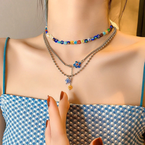 Stainless Steel Y2K Dopamine Layered Necklace Colorful Glass Flower Multilayer Choker Chain For Women Fashion Jewelry Gift