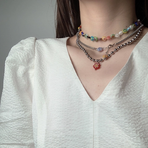 Stainless Steel Y2K Dopamine Layered Necklace Colorful Glass Flower Multilayer Choker Chain For Women Fashion Jewelry Gift