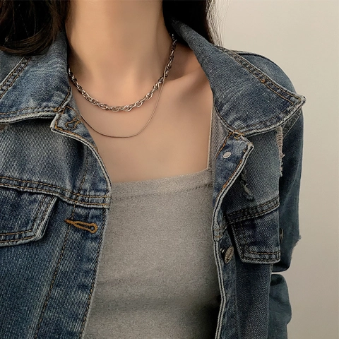 Collana A Doppio Strato In Acciaio Inossidabile Catena A Corda Torta E Serpente Argento Gioielli Minimalisti Per Donna