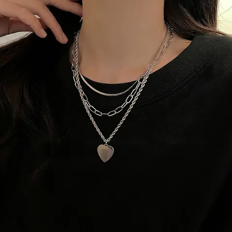 Collana Multistrato Con Ciondolo A Cuore Acciaio Al Titanio Catena Mista Lucida Gioielli Minimalisti Da Donna