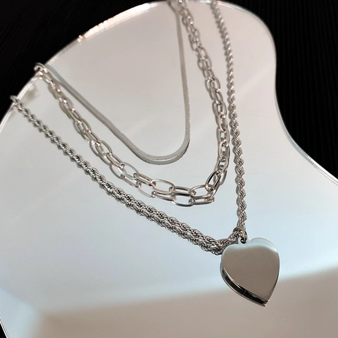 Collana Multistrato Con Ciondolo A Cuore Acciaio Al Titanio Catena Mista Lucida Gioielli Minimalisti Da Donna